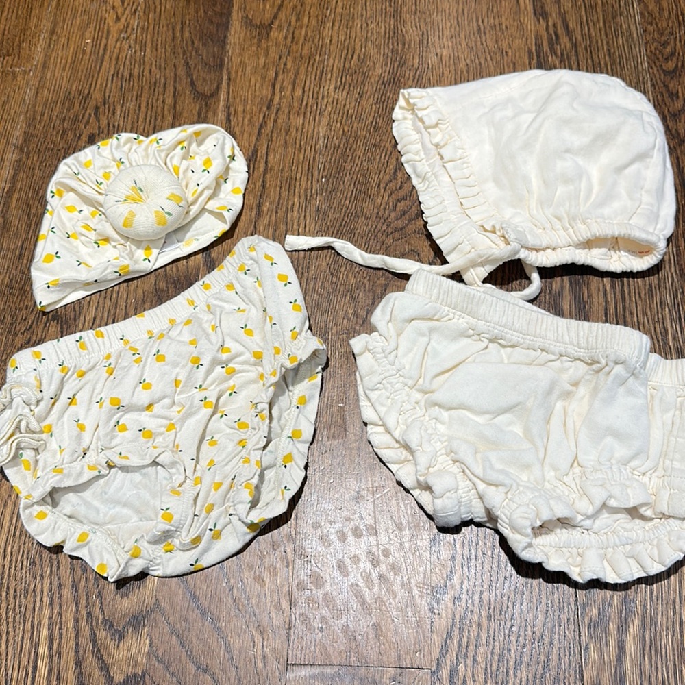 Two hanna anderssen hats and bloomers lemon and linen